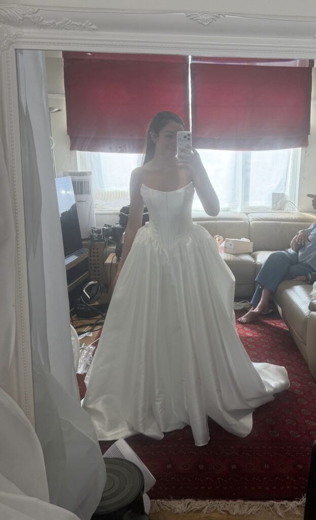 final fitting of East Croydon bride in her KYHA Miles Wedding Dress in Sutton.