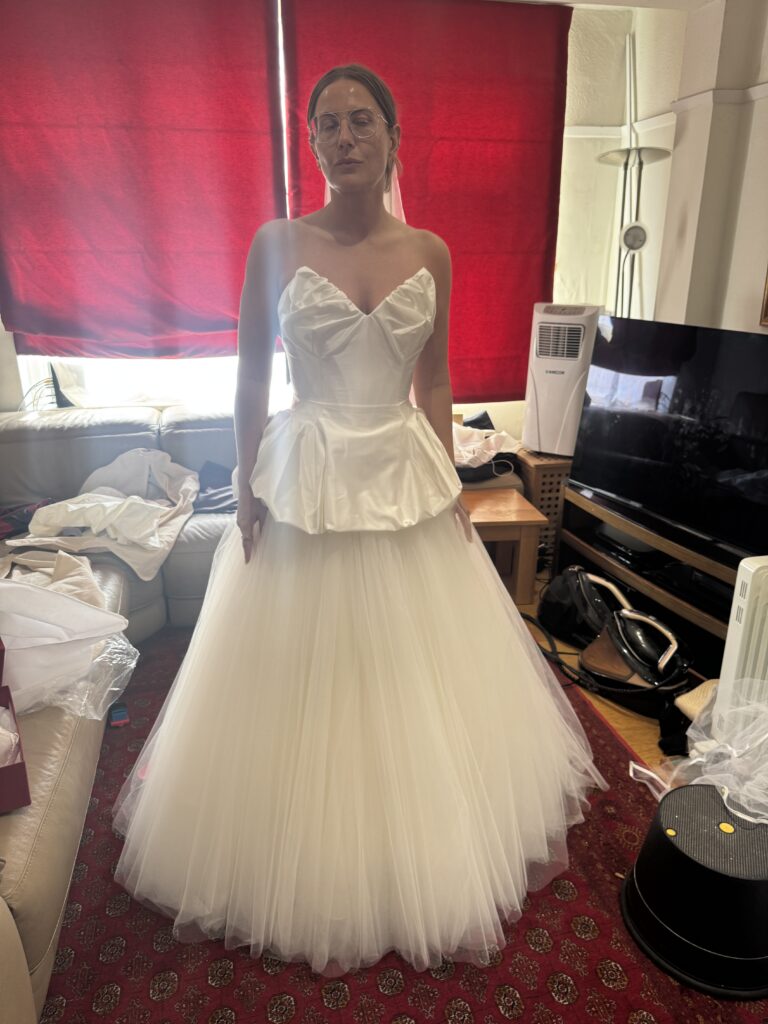 Earlsfield Bride wearing the Raven Corset bridal outfit final fitting 