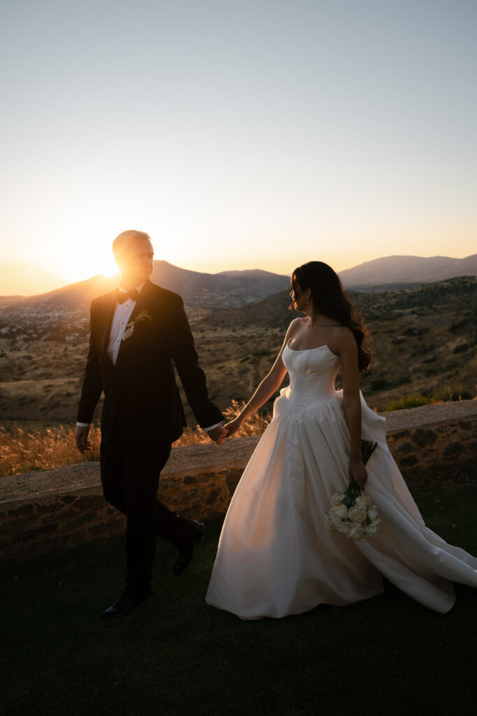 golden hour picture of bride and groom