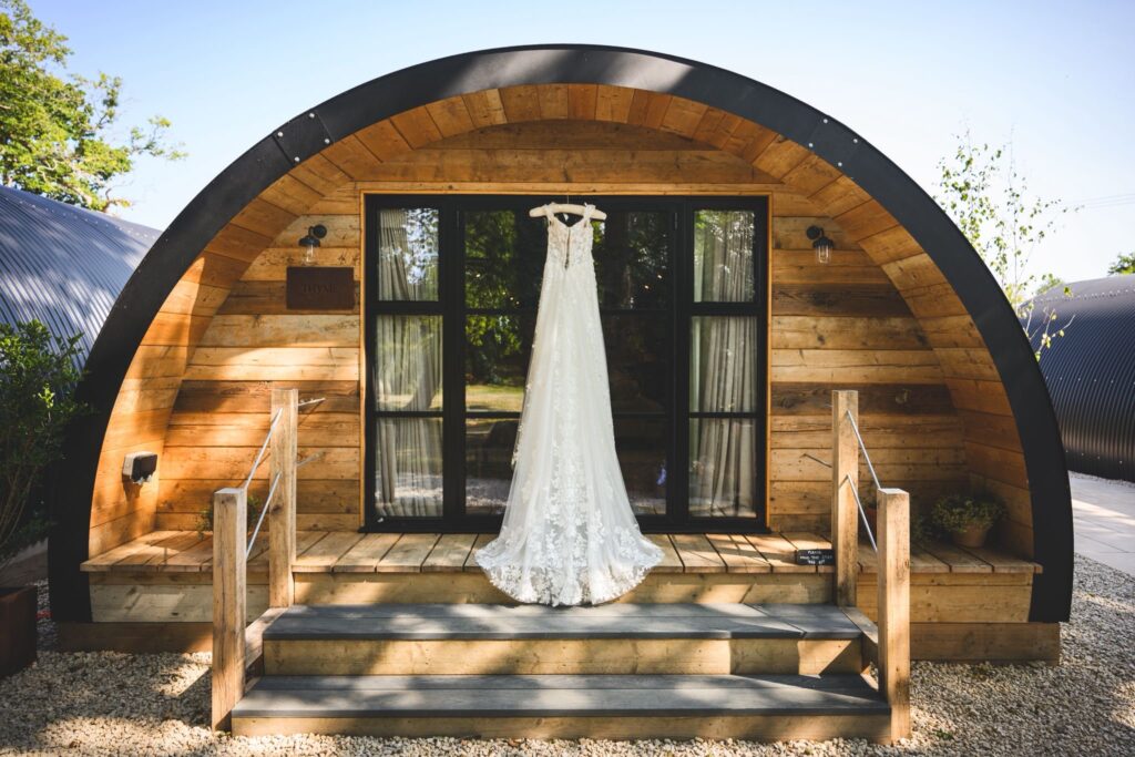 Steam pressed bridal dress ready for the wedding.
