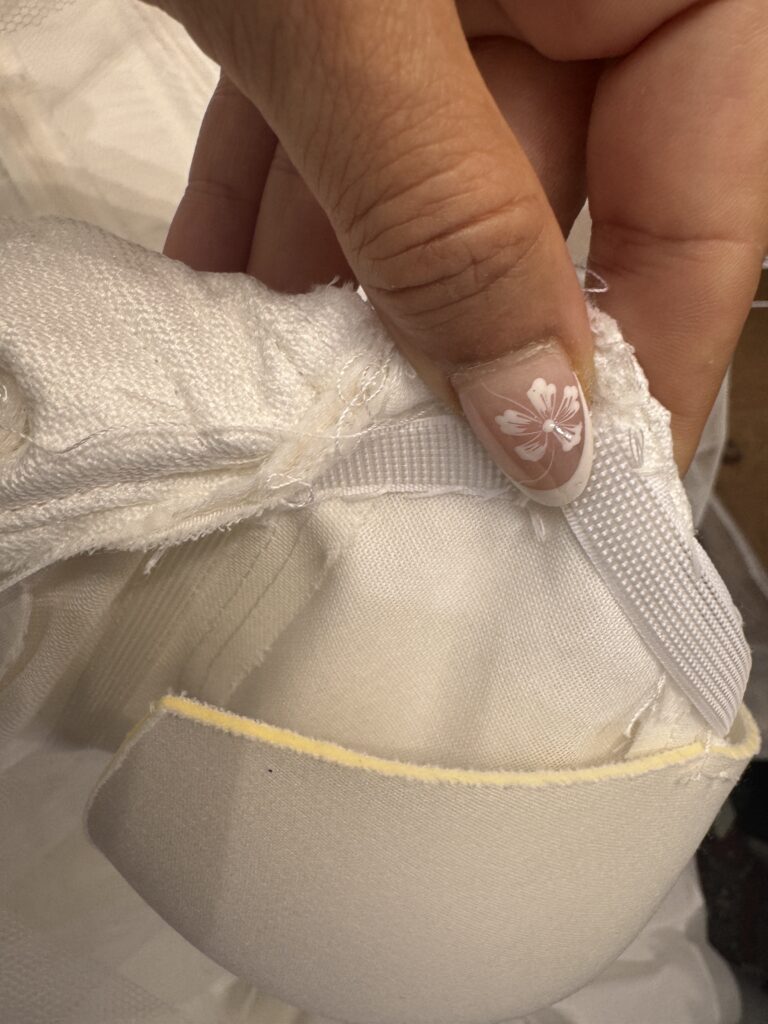 Additional boning inside close up view, added to the sweetheart neckline by a couture bridal alterations specialist.