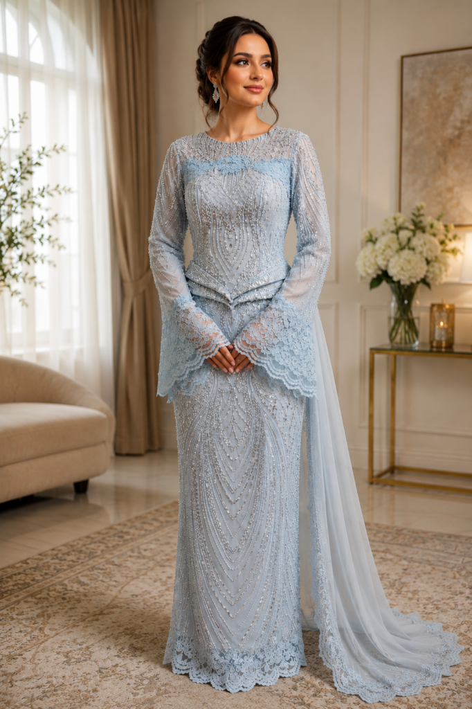 Engagement Beaded Dress Alterations model wearing dress as worn on engagement day with detachable train.