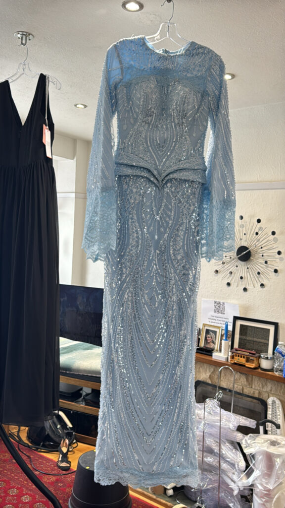 Engagement Beaded Dress Alterations after couture redesign and full professional steam pressing.
