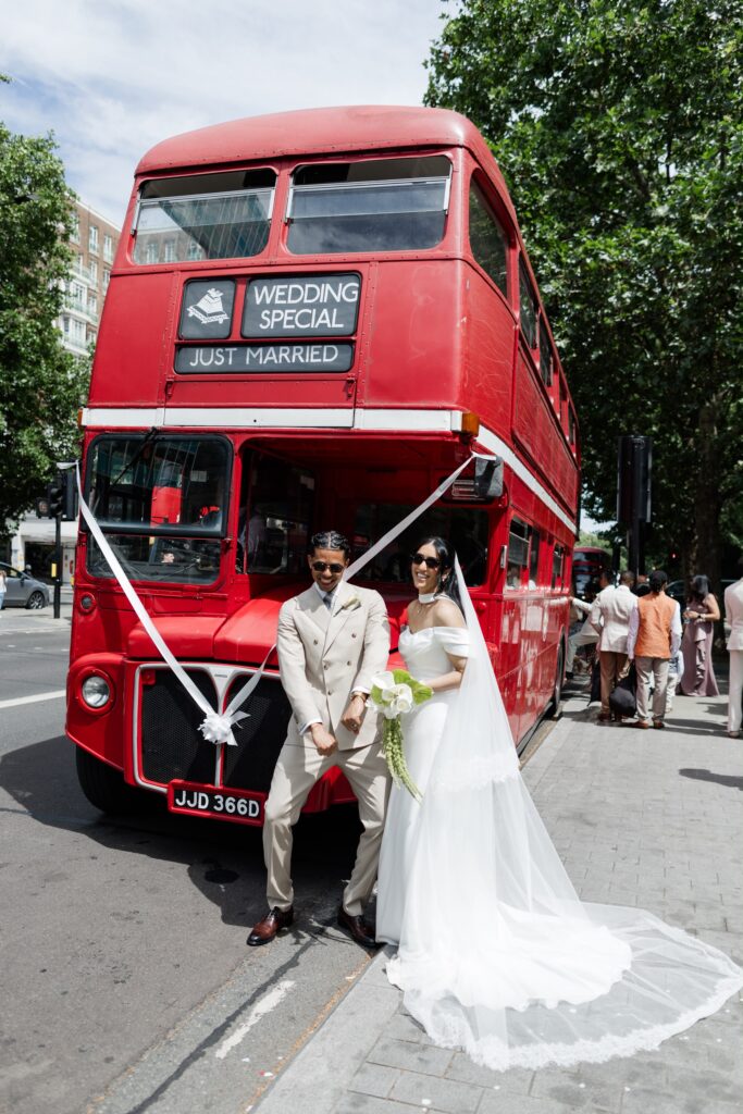 WED2B Luka wedding dress and cathedral veil worn by bride near Marylebone registrations building.