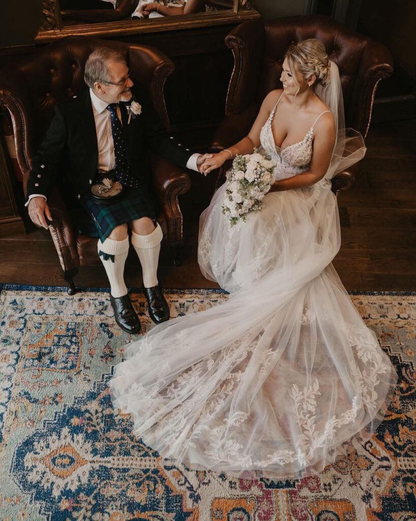 Essense of Australia wedding dress after couture alterations by an expert bridal alterations seamstress with grandpa