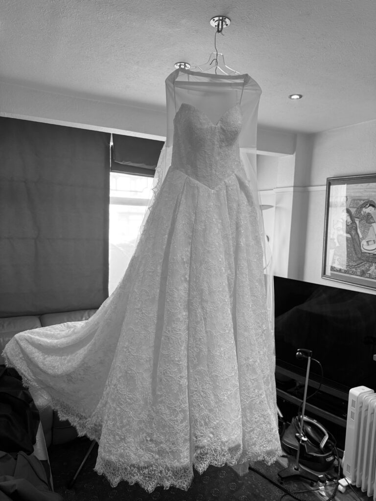 Finished Allure Abella Carrington wedding dress after couture bridal alterations.