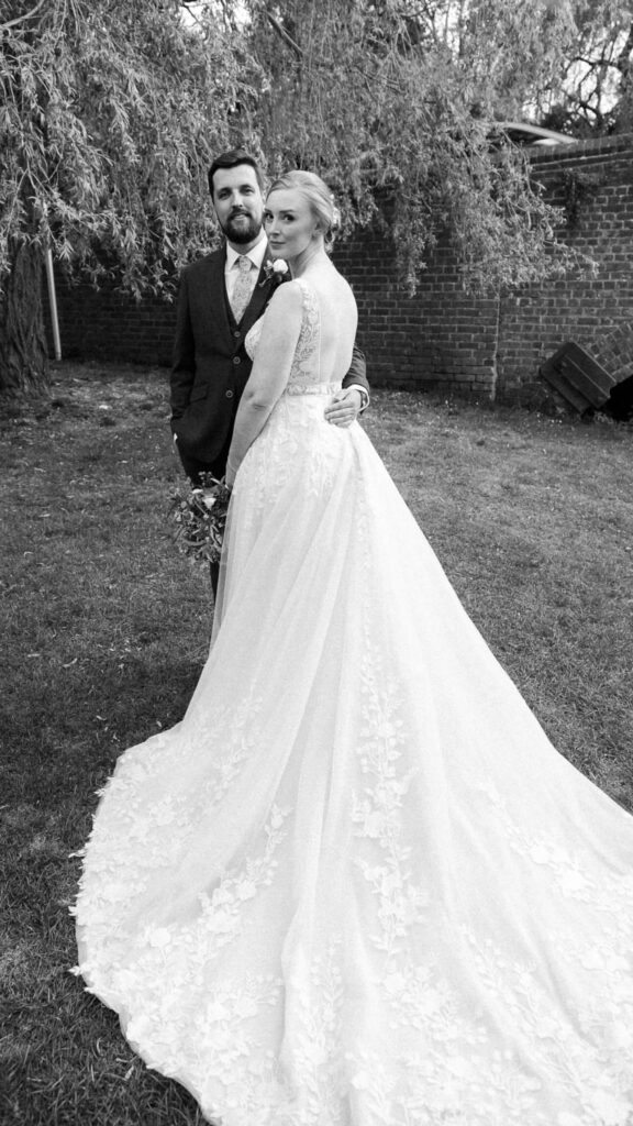 black and white image bride and groom