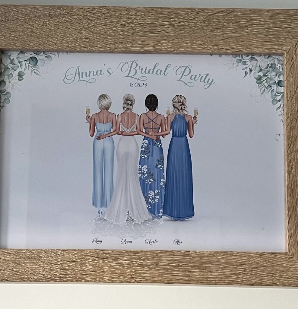 painting of close friends with bride