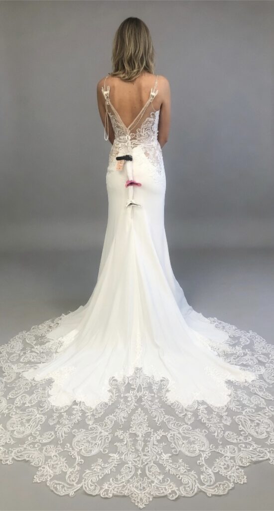 Side view of Blue by Enzoani Lena bridal gown before expert Greater London bridal alterations and silhouette refinement