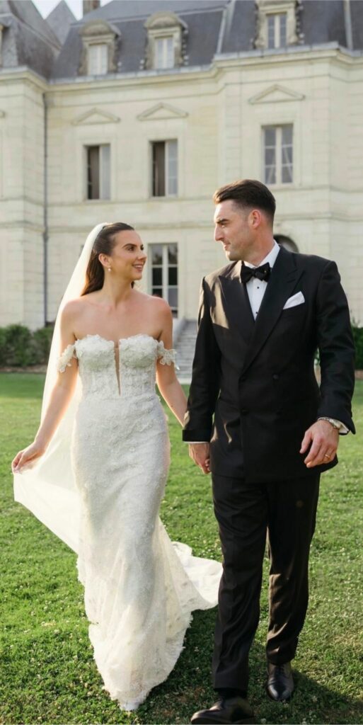 Bride wearing her altered Ricca Sposa Como wedding dress at Château Fengari in France