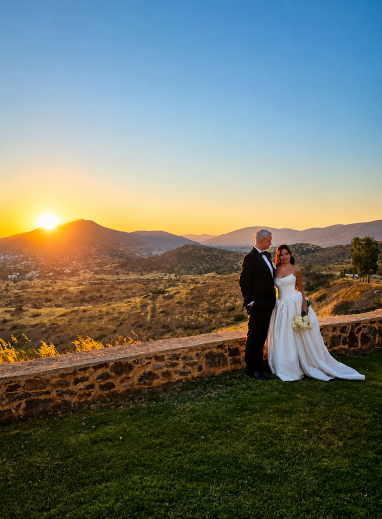 Bride wearing altered KYHA Studios Miles wedding dress after couture bridal alterations for an East Croydon bride golden sunset view.