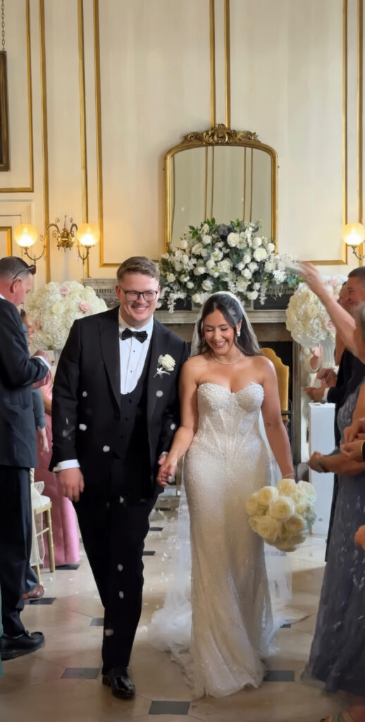 Milla Nova Bethel wedding dress after couture bridal alterations with one-size waist reduction, bust contouring, hem shortening, hidden bustles and professional steam pressing for a Hammersmith bride.