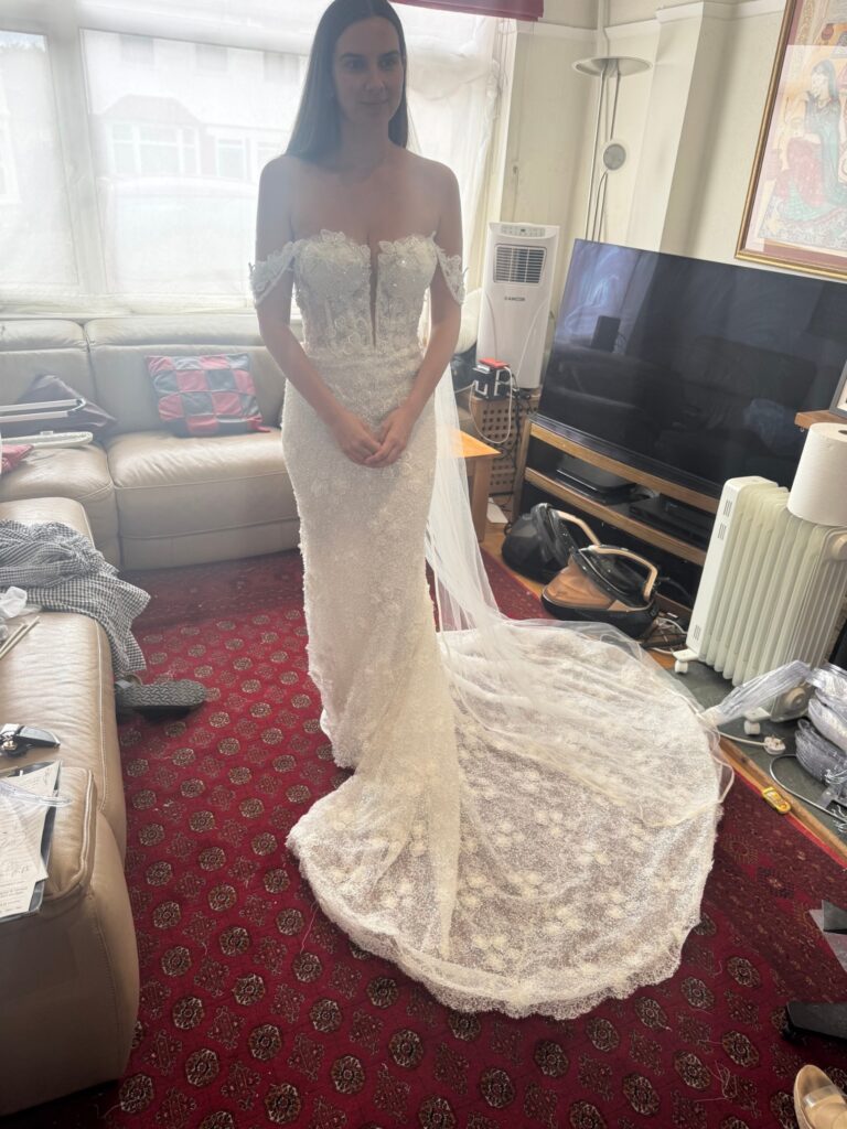At My Sutton Studio with the bride wearing her expertly altered Ricca Sposa Como gown