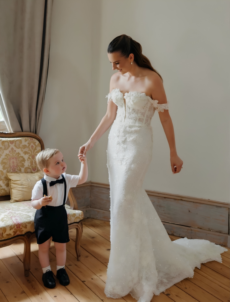 Hand sewn lace, pearls and crystal embellishment on a Ricca Sposa Como bridal gown