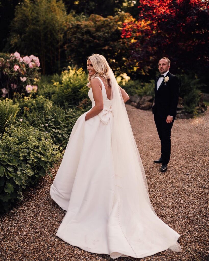 Back view of Stella York wedding dress featuring a bespoke handmade Mikado bow. 