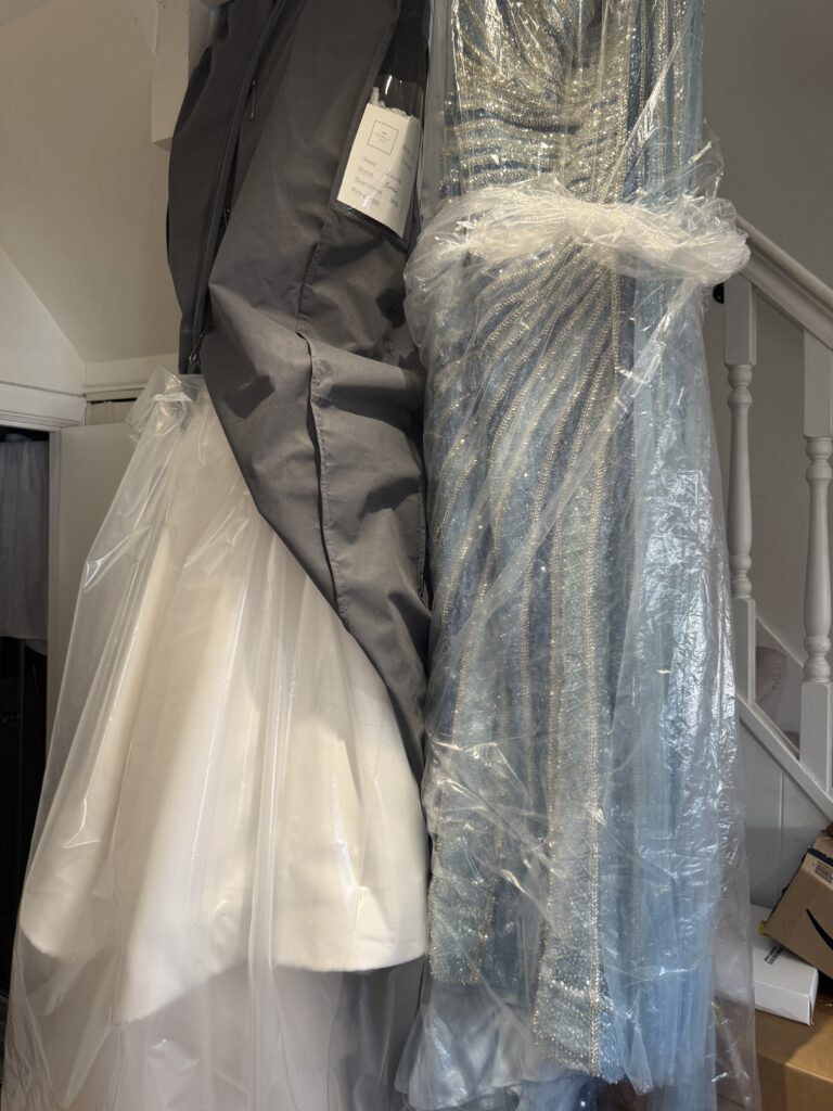 bagged for safe travels to avoid creasing of the bride’s dress.