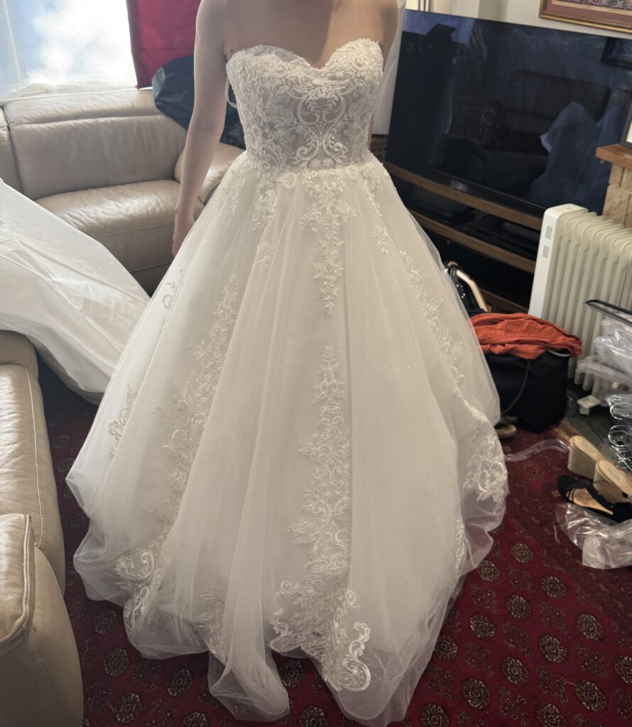 Pregnancy Wedding Dress Alterations Perdita lace Wed2b dress neckline completely changed.