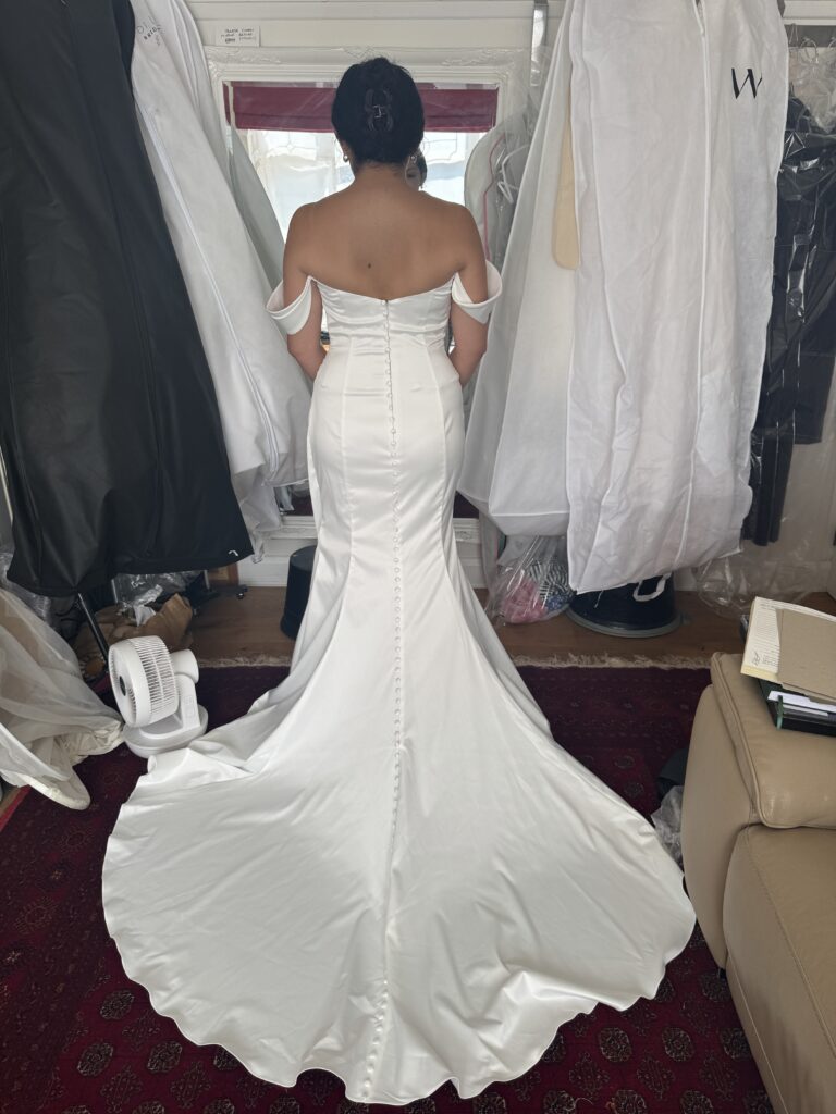 West Norwood bride wearing a Blue Willow by Anne Barge wedding gown after couture bridal alterations back view at my Sutton Surrey Studio final fit.