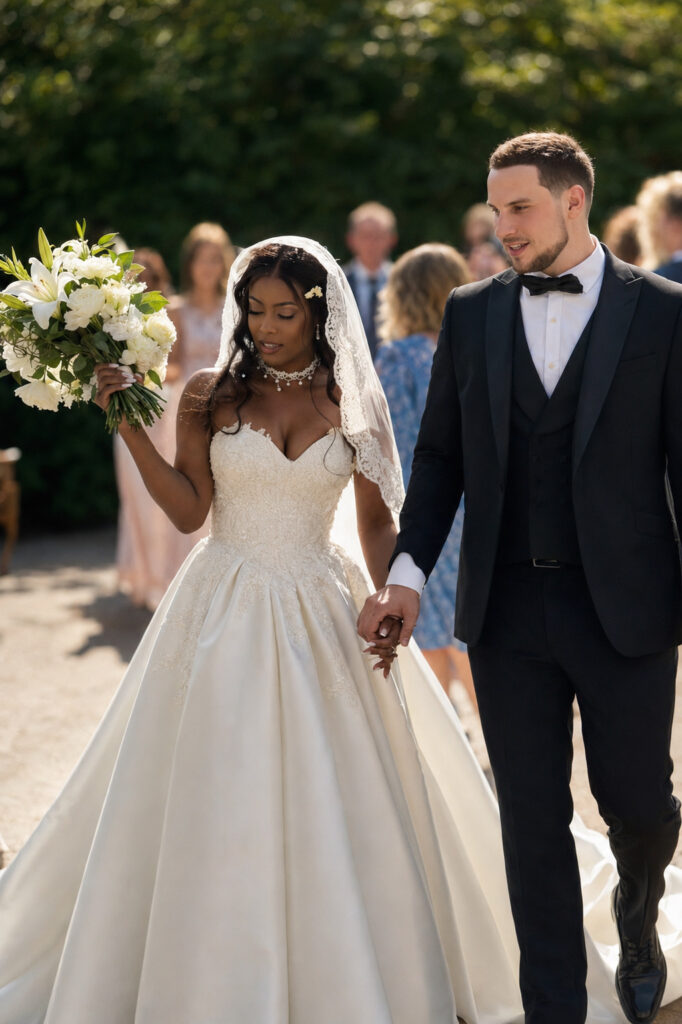 Bride and groom showing the full Mikado skirt and beaded lace-edged wedding dress bodice and train