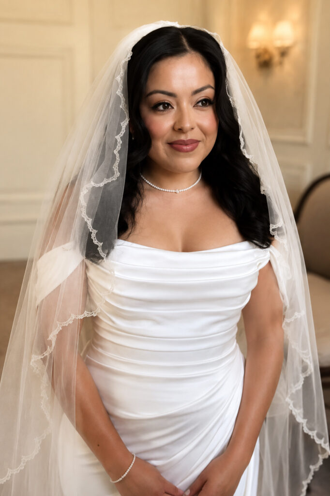 Blue Willow by Anne Barge wedding dress after professional bridal alterations showing fitted bodice and neckline