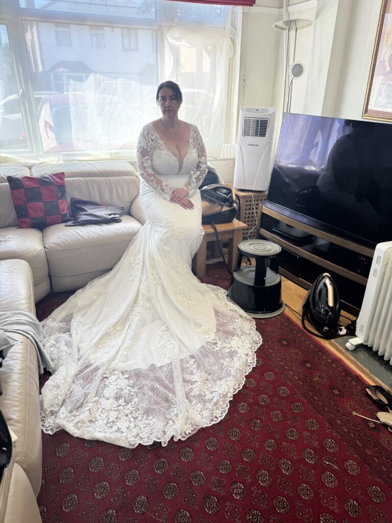 Wedding dress alterations Beddington for a Wed2B Blakely lace gown bride sitting in my Studio in Sutton, Greater London.