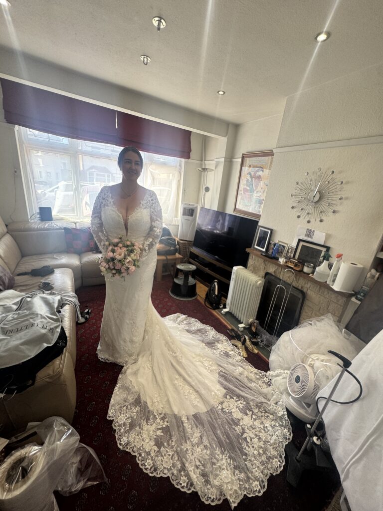 Wedding dress alterations Beddington for a Wed2B Blakely lace gown.