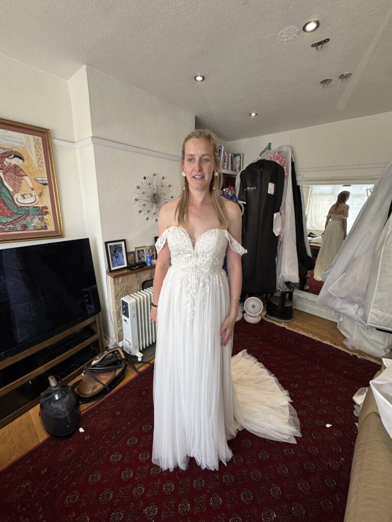Bride wearing her altered Heidi Hudson Hali wedding dress at her final fitting in my Sutton Studio in Greater London.