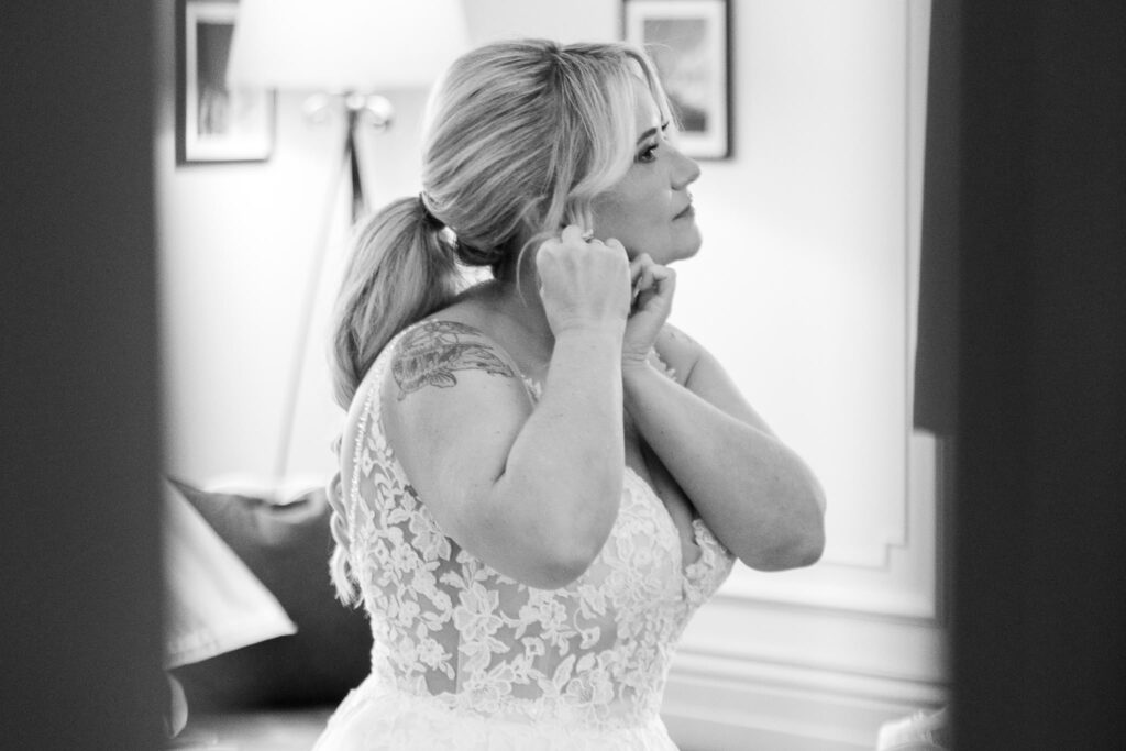 Wed2B wedding dress with tailored fit and bustle created by Sutton bridal specialist and banstead bride getting ready on the day 