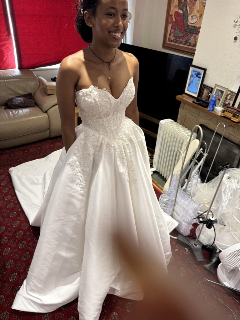 Final Fitting at my Sutton Studio of bride who traveled to me from Uxbridge for all her WED2B wedding dress bridal alterations.
