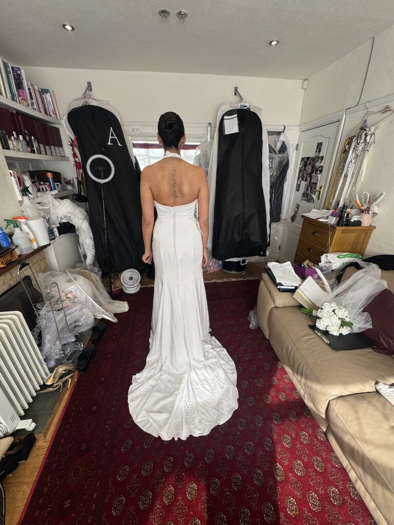 Nadiya wearing her Sofia Cruz Robbie wedding dress from WED2B travelled from Horsham to my Sutton Greater London Studio first fitting.
