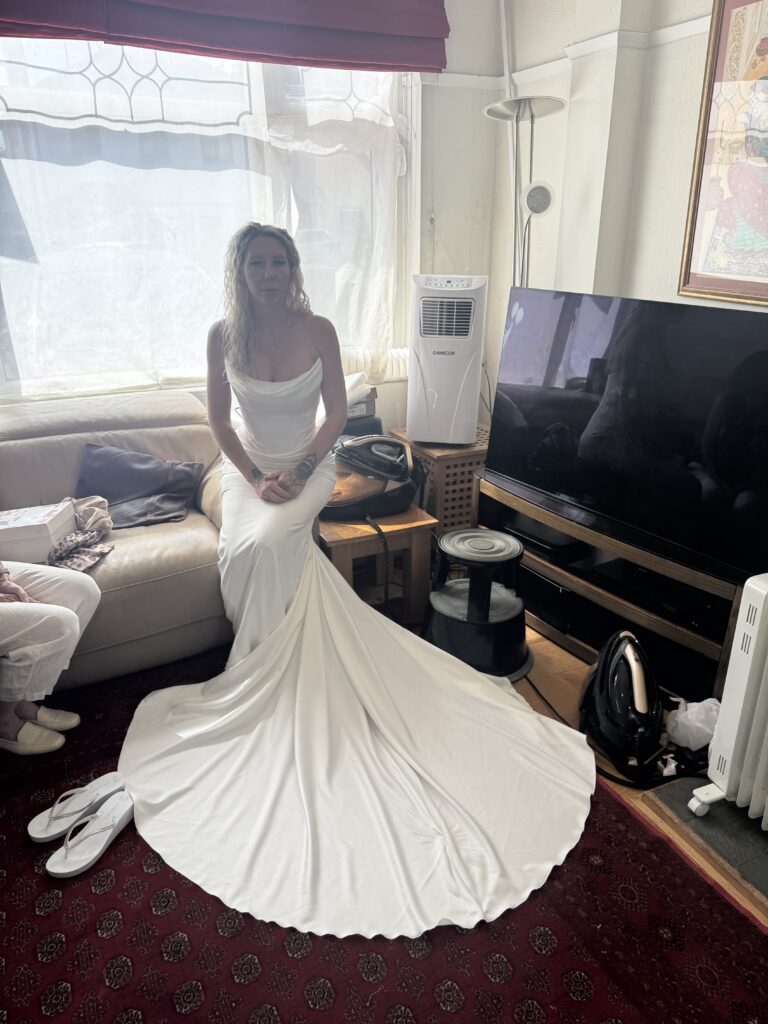Horley wedding dress alterations for a Dama Couture Luna gown sitting 