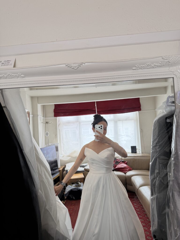 final selfie of bride in the Fetentino outfit in my Greater London Studio.