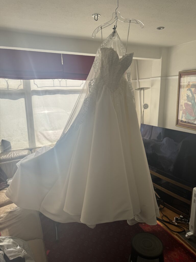 Full comprehensive steam pressed bridal dress WED2B Jules transformed completely.