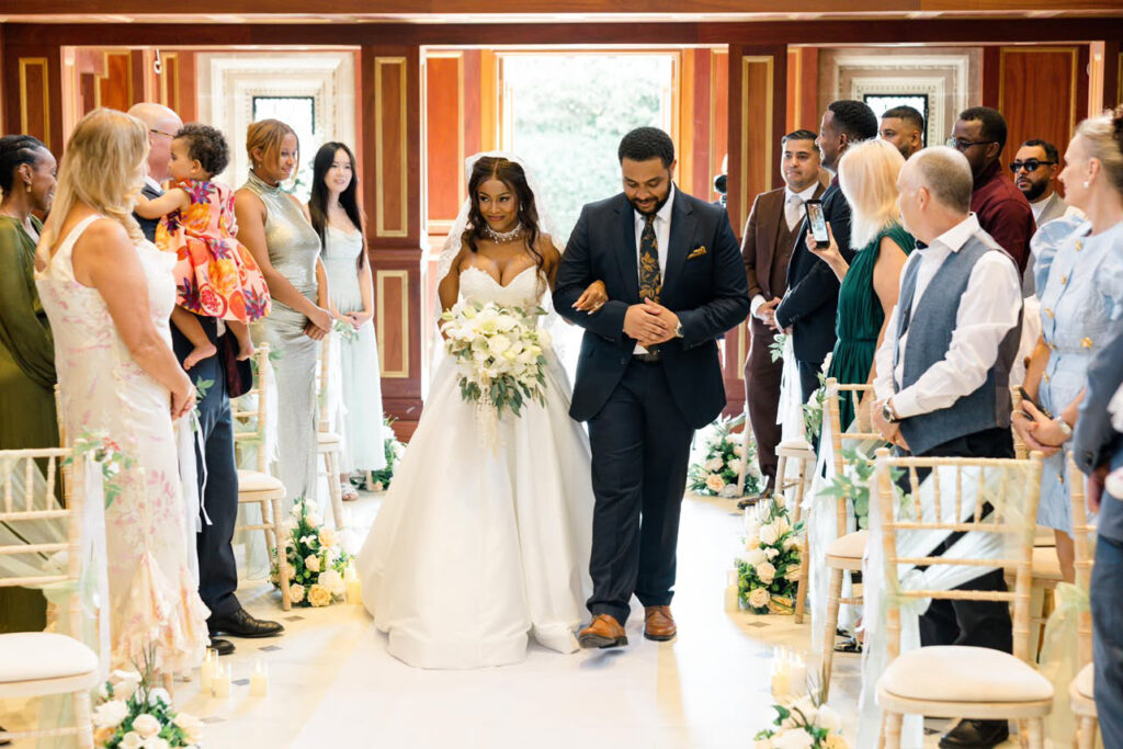 walking couple in the church happy during ceremony.