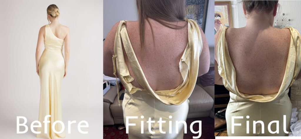 Bridesmaid Dress alterations Wallington complete transformation to a cowl back dress design.