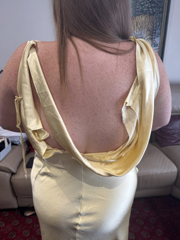Bridesmaid Dress alterations Wallington from single shoulder to straps and cowl back redesign.