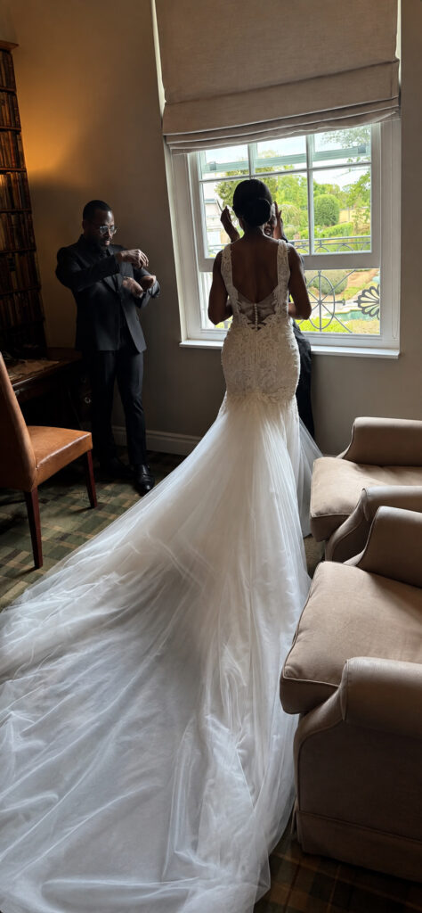Mitcham bride showing the finished fit of her Daria Karlozi Kristavera wedding dress
back view of stunning train.
