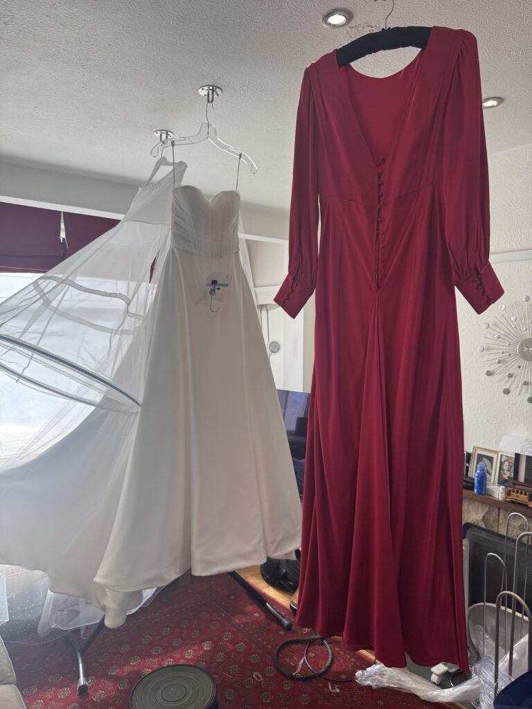 Comprehensive professionally steam pressed Ellis Bridal Dress and Mother of Bride outfit.