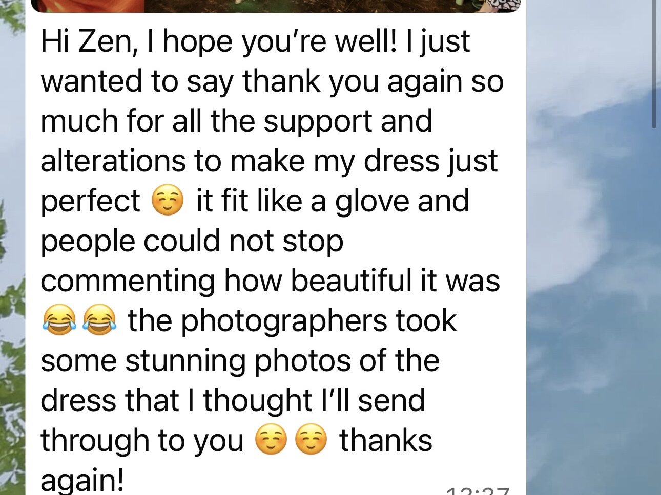 screenshot of WhatsApp feedback sent by the bride.