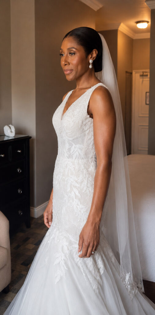 Mitcham bride showing the finished fit of her Daria Karlozi Kristavera wedding dress
perfectly fitted.