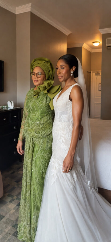 with her mother Mitcham bride showing the finished fit of her Daria Karlozi Kristavera wedding dress
 