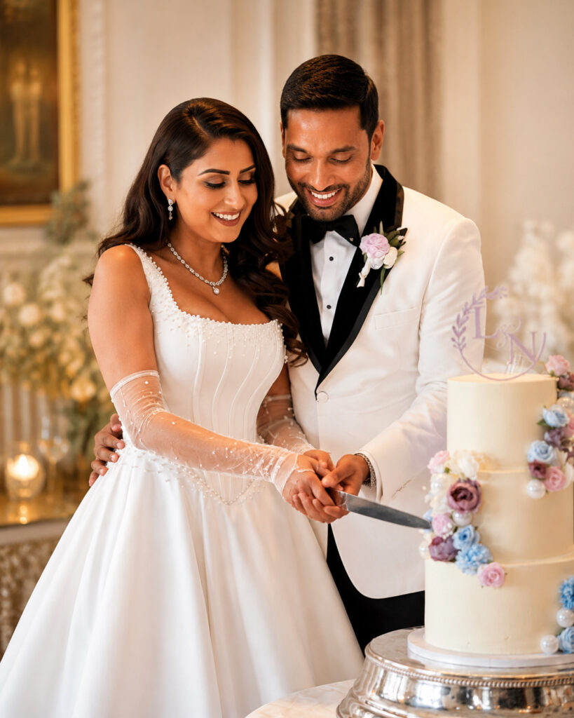 Leah Rani Chowdhry MBE wearing her Dominiss Kalista wedding dress after couture bridal alterations in Oxshott