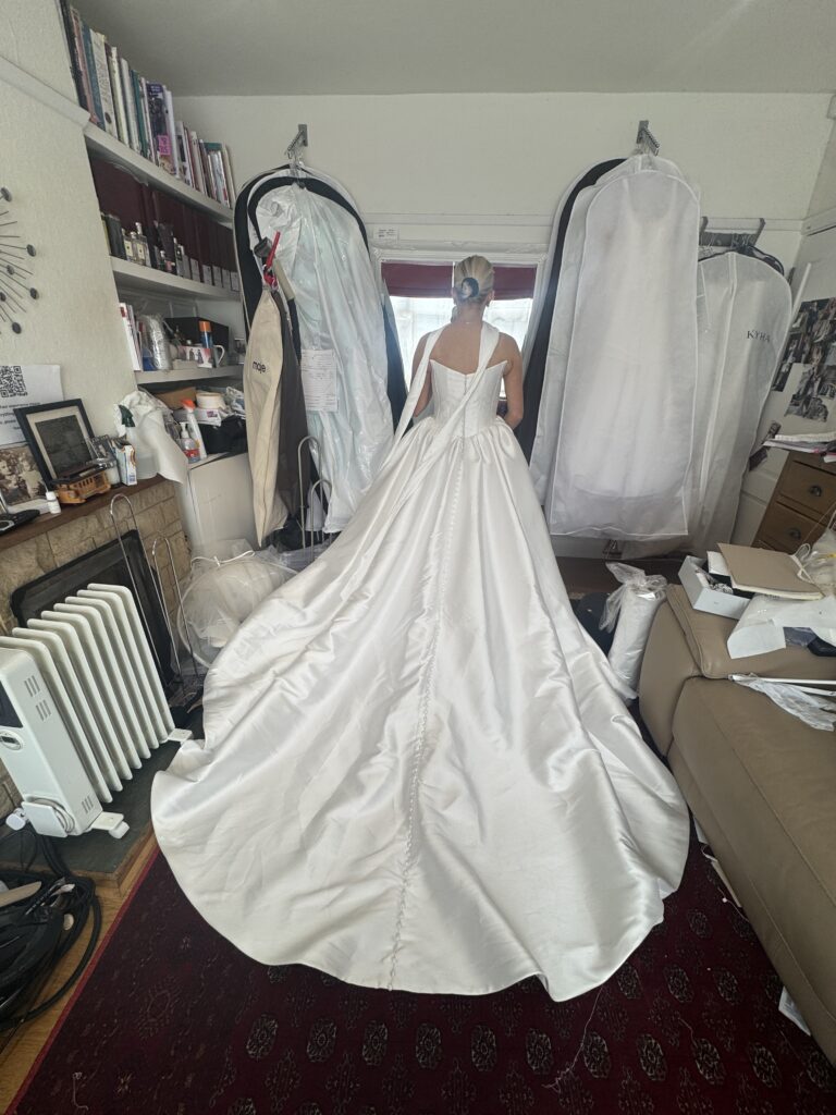back view of the dress st final fitting day at my London Studio