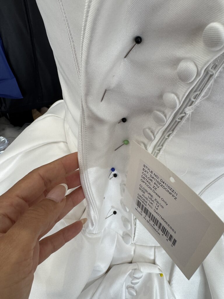 pinned waist after fitting Tooting bride Bethan in her Stella York wedding dress unaltered at first fitting.