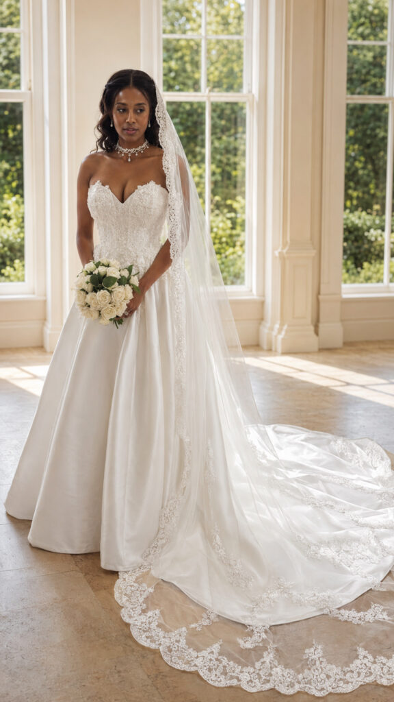 Uxbridge bridal alterations for a completely transformed WED2B Jules wedding dress Bride and groom showing the full Mikado skirt and lace-edged wedding dress train