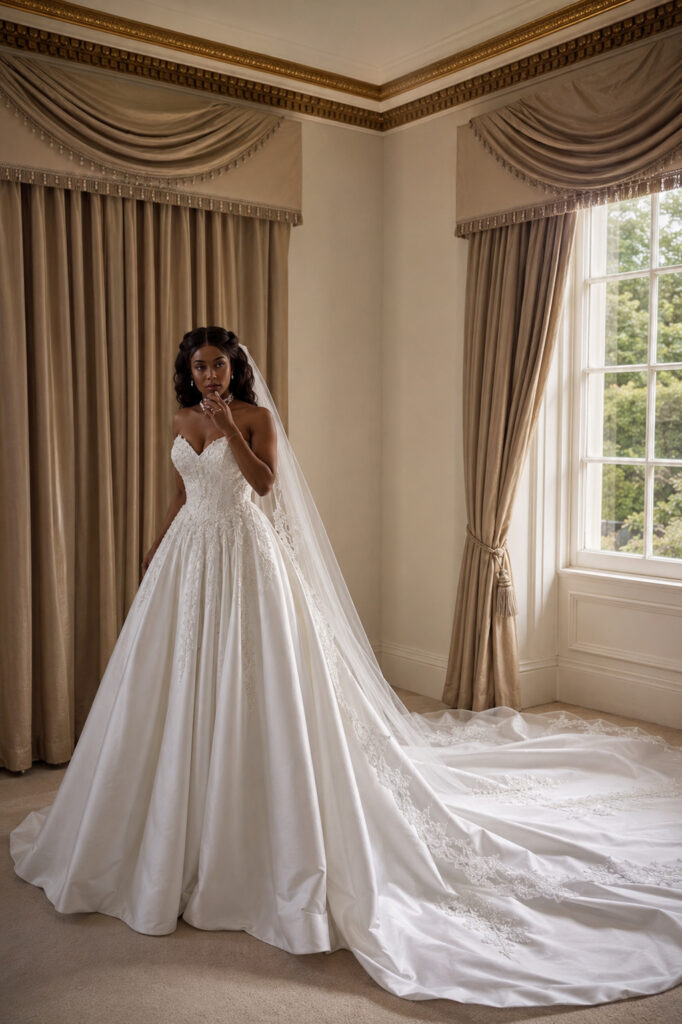 Uxbridge bride walking in her customised WED2B Jules dress fully hand appliqued beaded lace on bodice and train hem.
