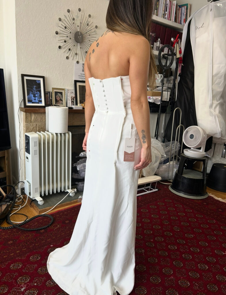 Wallington bride before weight loss with professionally altered satin wedding dress