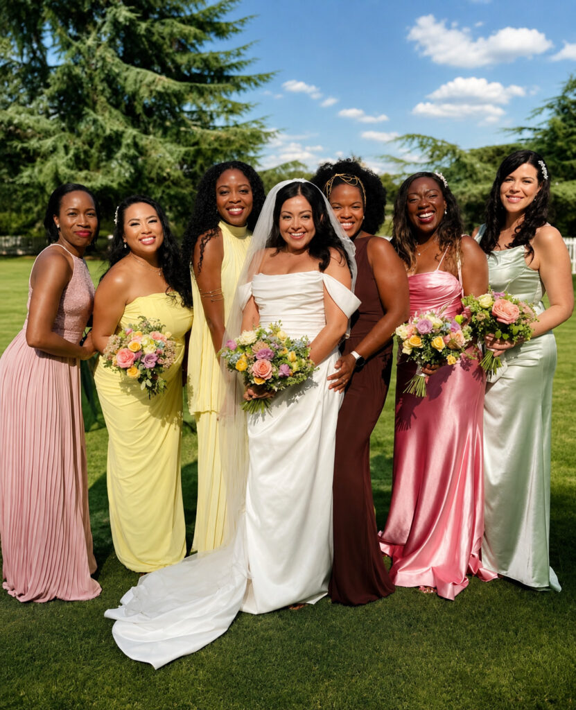 West Norwood bride wearing a Blue Willow by Anne Barge wedding gown after couture bridal alterations group photo