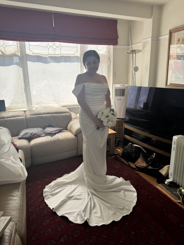 West Norwood bride wearing her bridal dress on her final fitting at my Sutton Studio in Greater London. 
