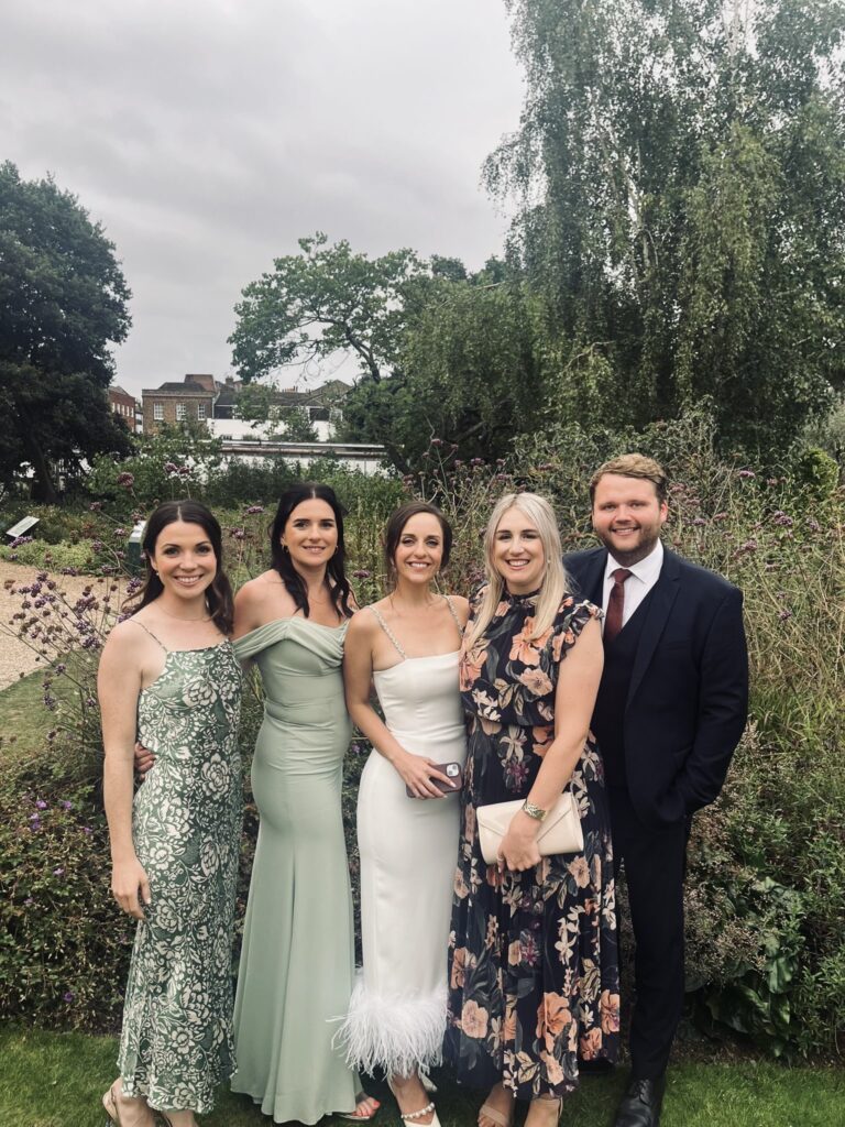 The finished 16Arlington Minelli dress on the wedding day, taken in throughout with added bust support and crystal rhinestone straps.